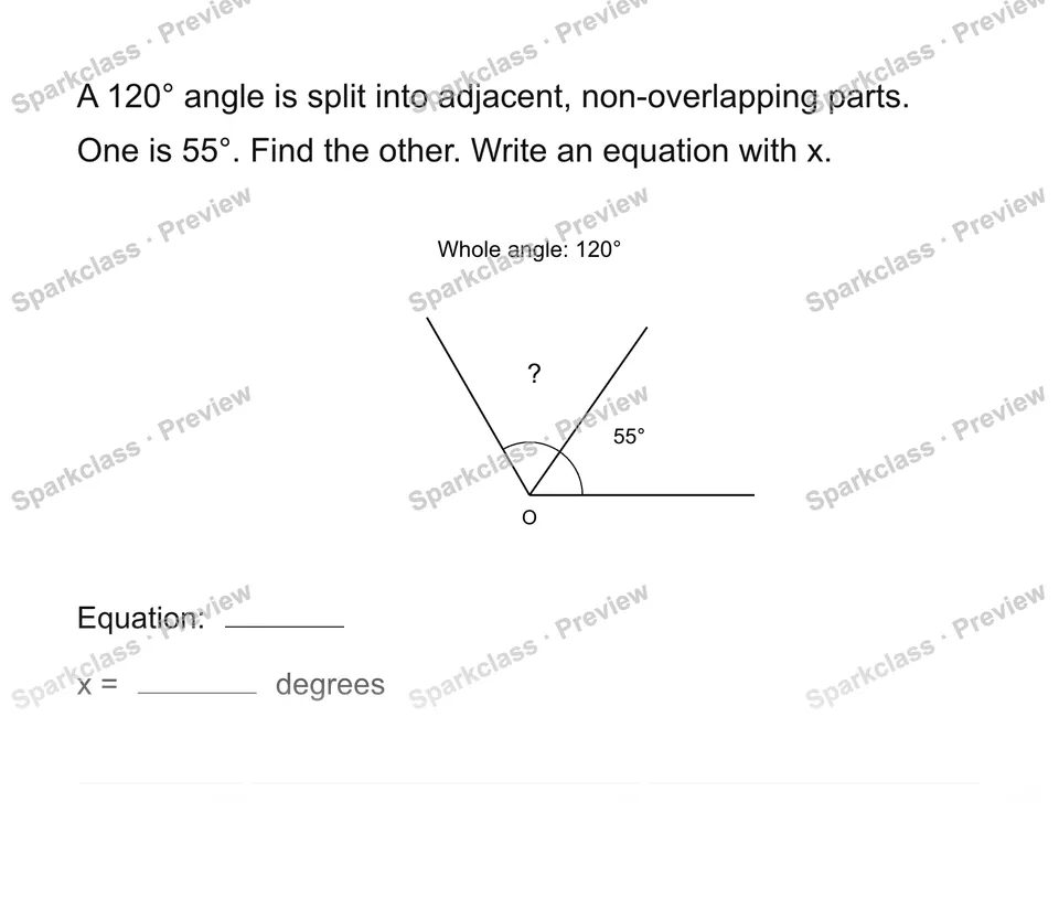 Find an unknown angle — Grade 4 problem preview