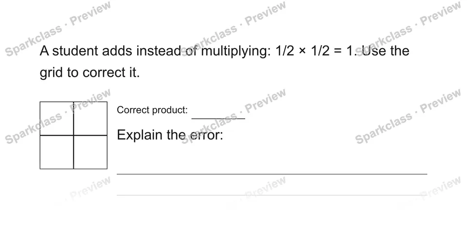 A student adds instead of multiplying: 1/2 × 1/2 = 1. Use the grid to correct it. — Grade 5 problem preview