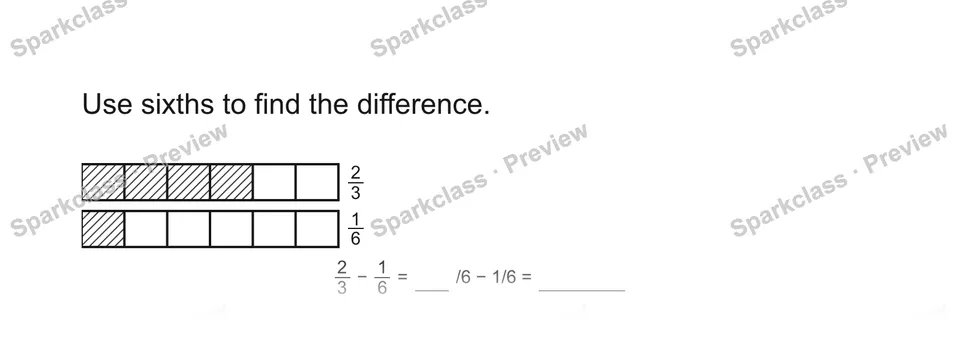Use sixths to find the difference. — Grade 5 problem preview