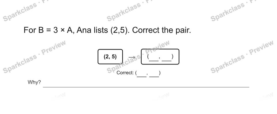 For B = 3 × A, Ana lists (2,5). Correct the pair. — Grade 5 problem preview