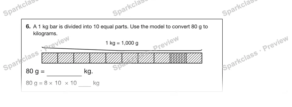 6.A 1 kg bar is divided into 10 equal parts. Use the model to convert 80 g to kilograms. — Grade 5 problem preview