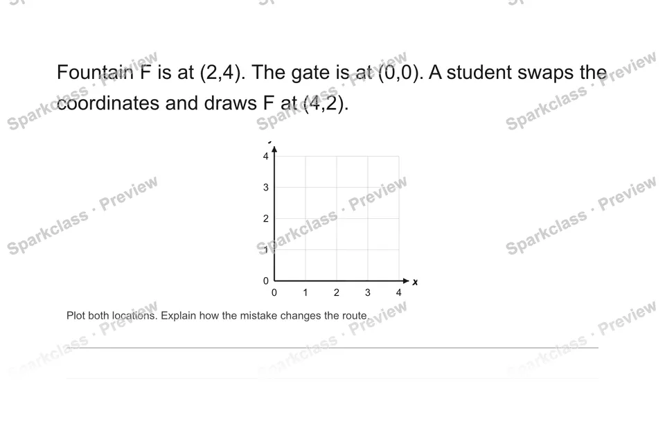 Fountain F is at (2,4). The gate is at (0,0). A student swaps the coordinates and draws F at (4,2). — Grade 5 problem preview