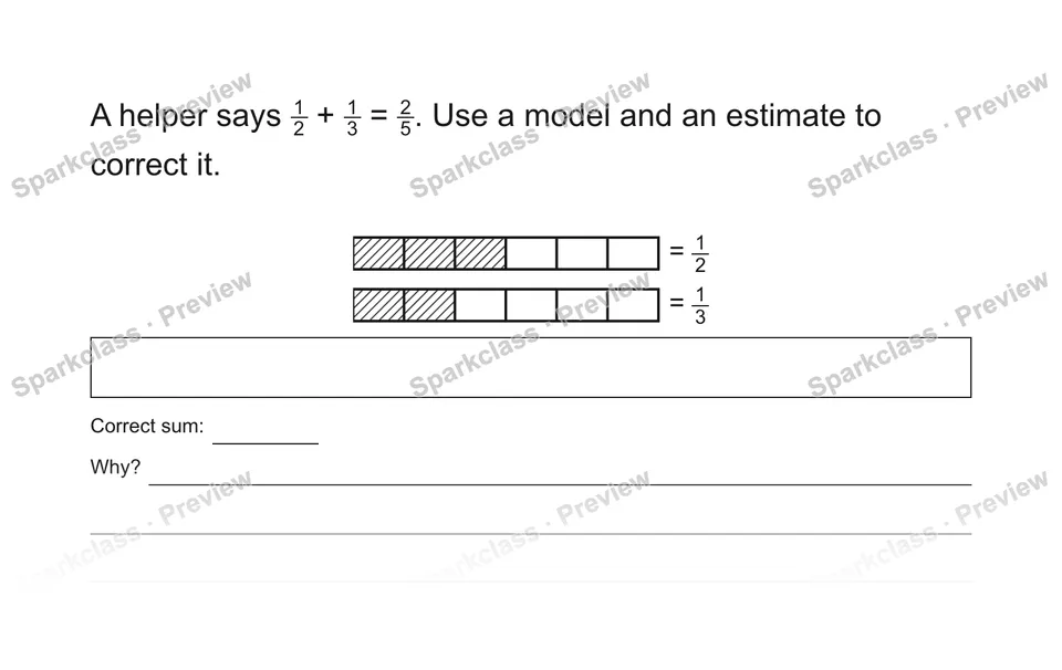 A helper says 12 + 13 = 25. Use a model and an estimate to correct it. — Grade 5 problem preview