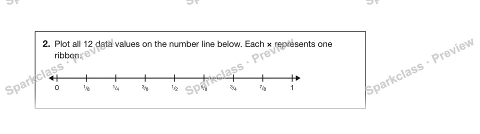 2.Plot all 12 data values on the number line below. Each × represents one ribbon. — Grade 5 problem preview