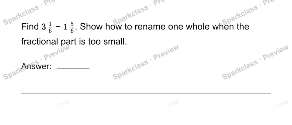 Subtract mixed numbers with regrouping — Grade 4 problem preview