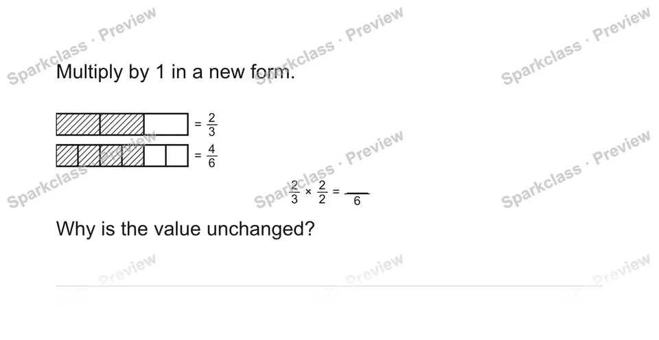 Multiply by 1 in a new form. — Grade 5 problem preview