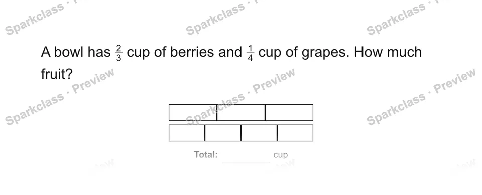 A bowl has 23 cup of berries and 14 cup of grapes. How much fruit? — Grade 5 problem preview