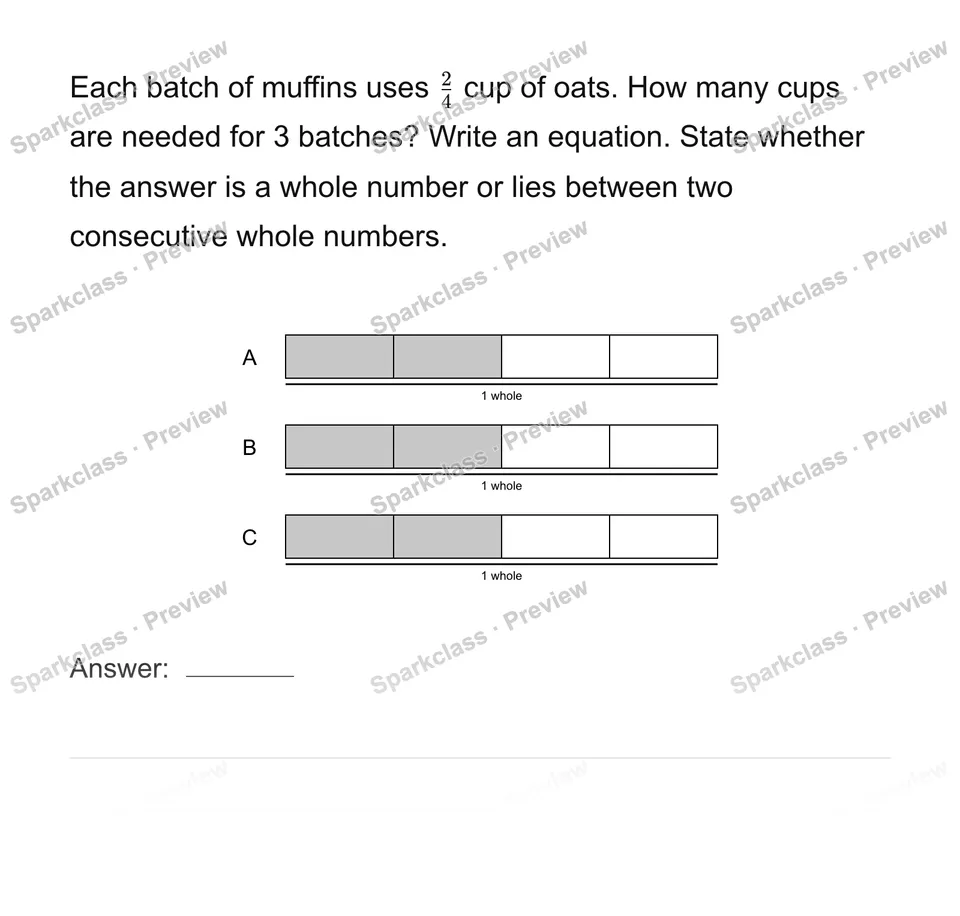 Solve fraction multiplication stories — Grade 4 problem preview