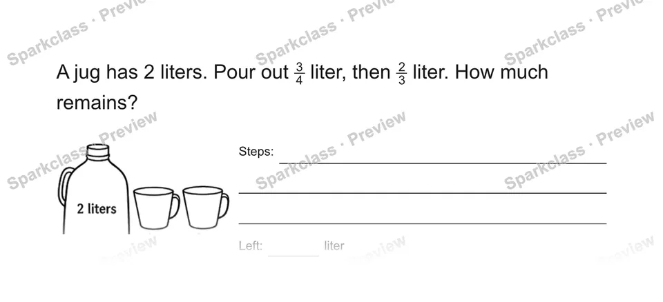 A jug has 2 liters. Pour out 34 liter, then 23 liter. How much remains? — Grade 5 problem preview