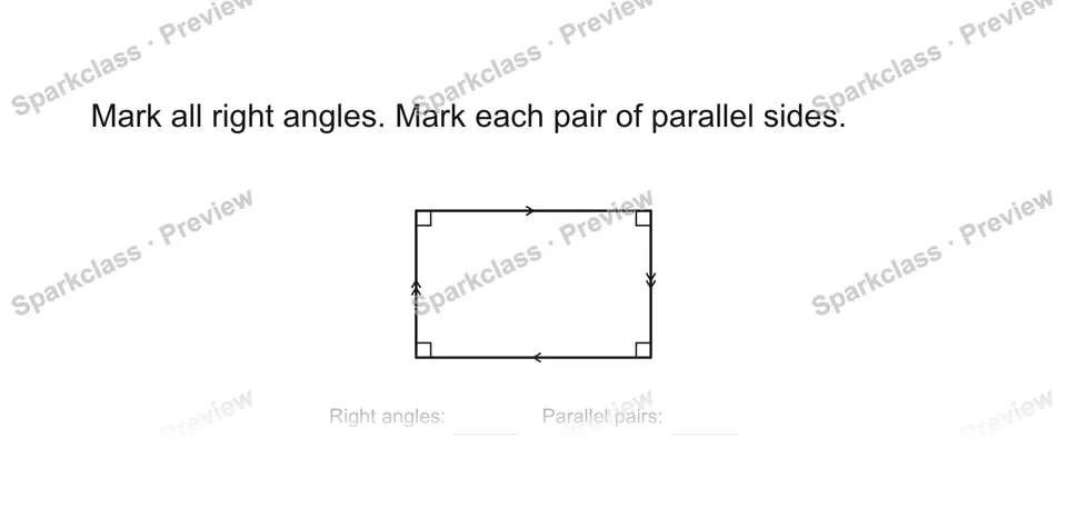 Mark all right angles. Mark each pair of parallel sides. — Grade 5 problem preview