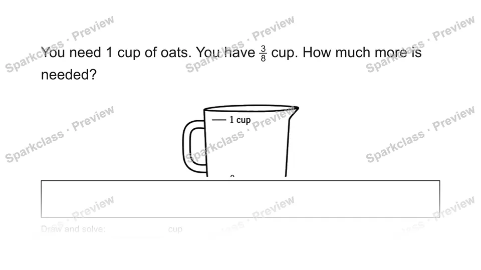 You need 1 cup of oats. You have 38 cup. How much more is needed? — Grade 5 problem preview
