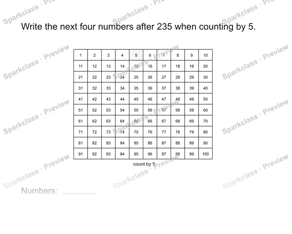 Count by fives on a number table — Grade 2 problem preview
