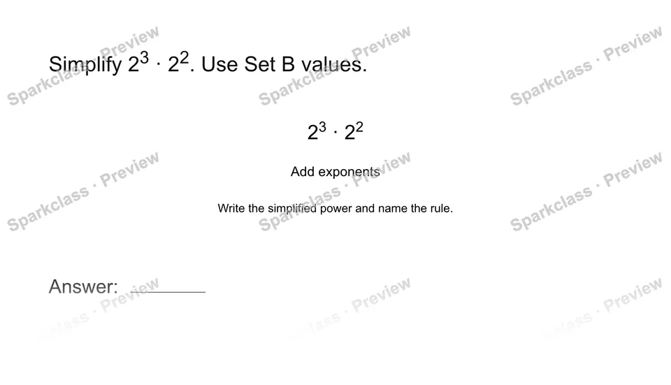 Multiply powers with the same base — Grade 8 problem preview