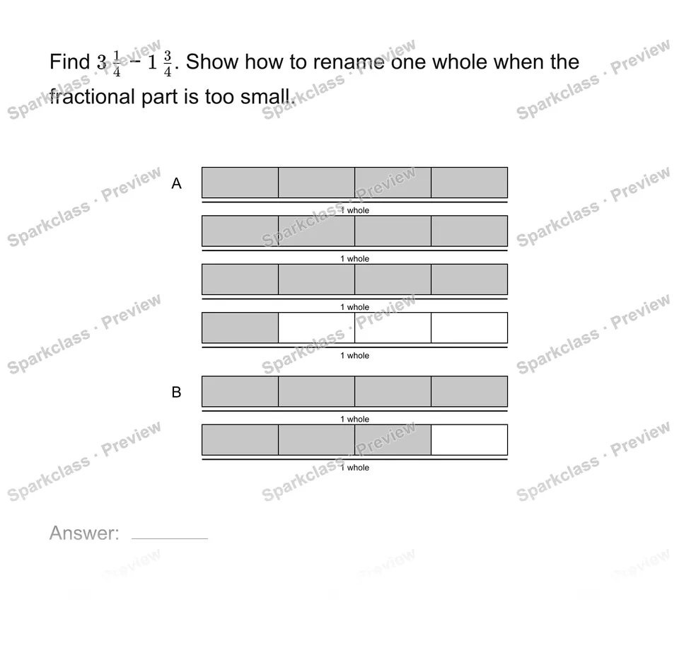 Subtract mixed numbers with regrouping — Grade 4 problem preview