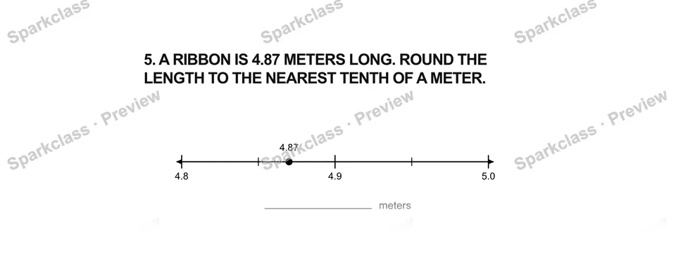 5.A ribbon is 4.87 meters long. Round the length to the nearest tenth of a meter. — Grade 5 problem preview