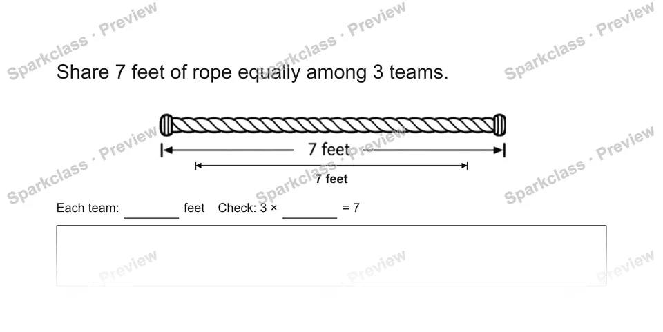Share 7 feet of rope equally among 3 teams. — Grade 5 problem preview