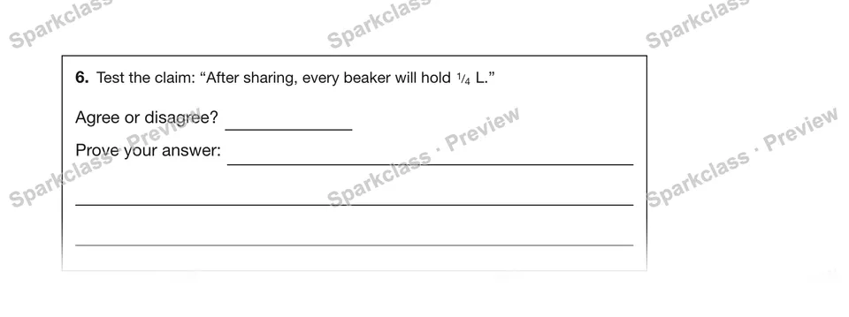 6.Test the claim: “After sharing, every beaker will hold 1/4 L.” — Grade 5 problem preview