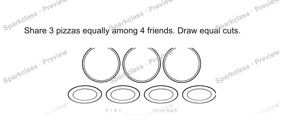 Share 3 pizzas equally among 4 friends. Draw equal cuts. — Grade 5 problem preview