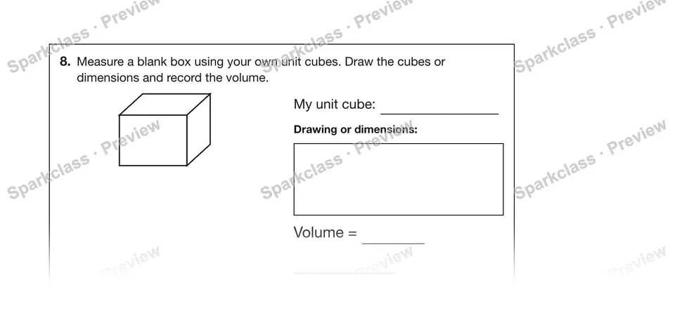8.Measure a blank box using your own unit cubes. Draw the cubes or dimensions and record the volume. — Grade 5 problem preview