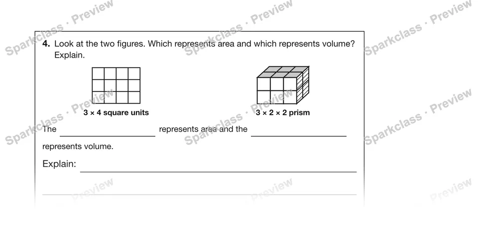 4.Look at the two figures. Which represents area and which represents volume? Explain. — Grade 5 problem preview