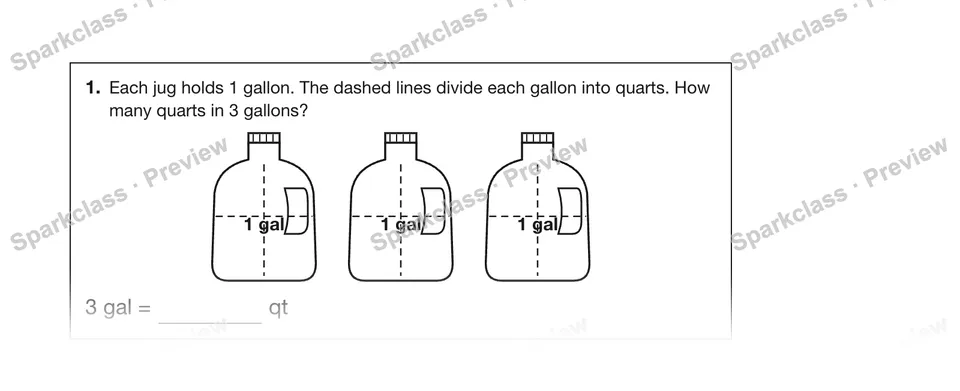 1.Each jug holds 1 gallon. The dashed lines divide each gallon into quarts. How many quarts in 3 gallons? — Grade 5 problem preview