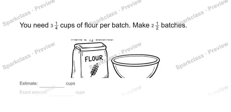You need 314 cups of flour per batch. Make 212 batches. — Grade 5 problem preview