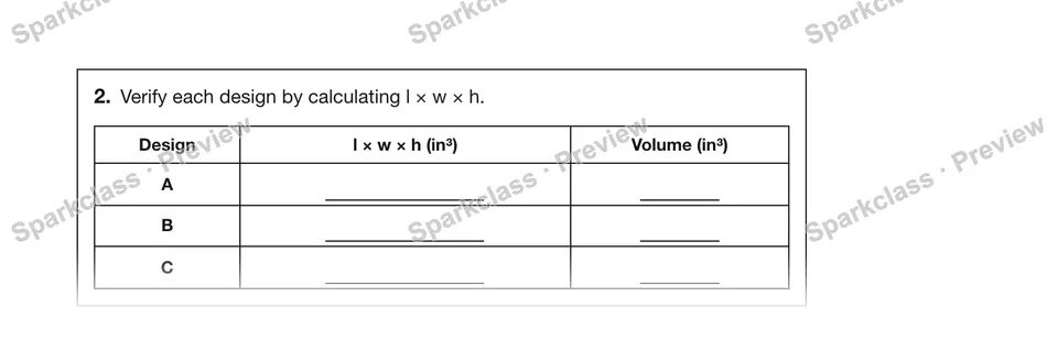 2.Verify each design by calculating l × w × h. — Grade 5 problem preview
