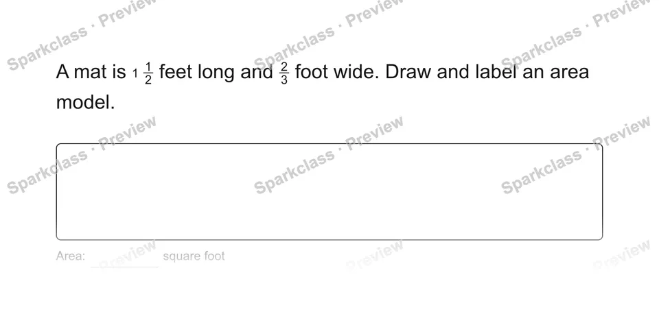A mat is 112 feet long and 23 foot wide. Draw and label an area model. — Grade 5 problem preview