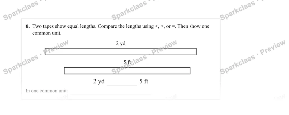 6.Two tapes show equal lengths. Compare the lengths using <, >, or =. Then show one common unit. — Grade 5 problem preview