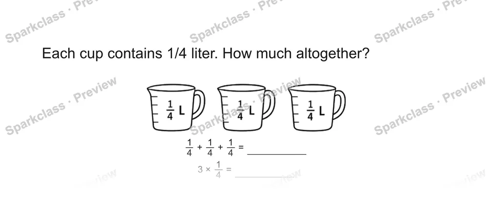 Each cup contains 1/4 liter. How much altogether? — Grade 5 problem preview