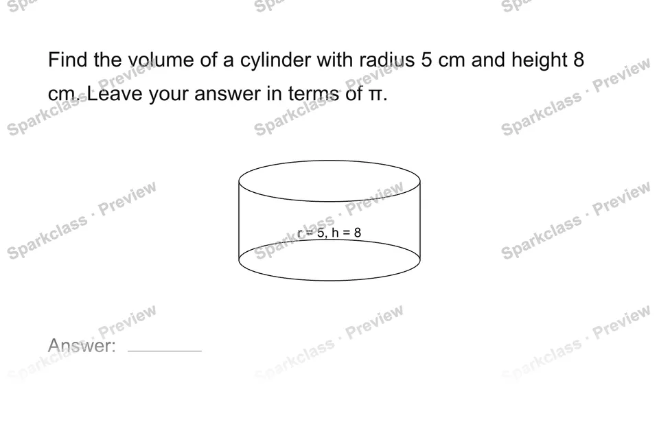 Find a cylinder volume — Grade 8 problem preview