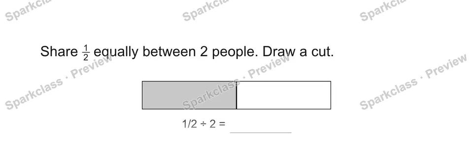 Share 12 equally between 2 people. Draw a cut. — Grade 5 problem preview