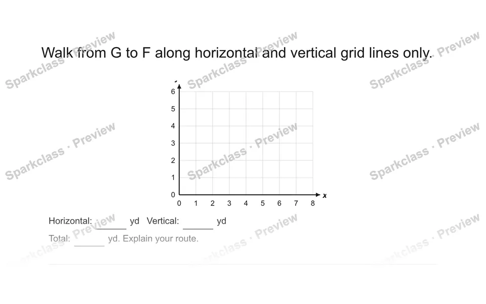 Walk from G to F along horizontal and vertical grid lines only. — Grade 5 problem preview