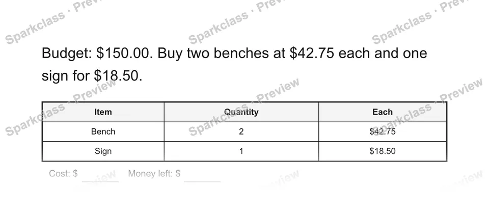 Budget: $150.00. Buy two benches at $42.75 each and one sign for $18.50. — Grade 5 problem preview
