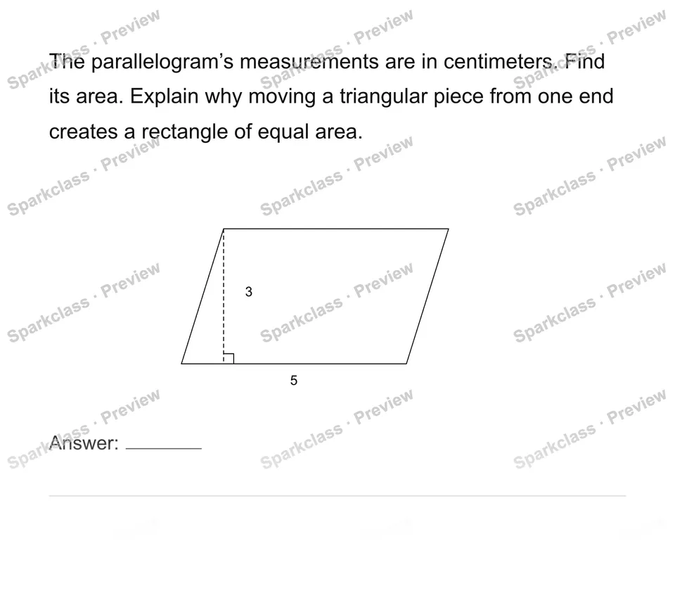 Find parallelogram area by rearranging — Grade 6 problem preview