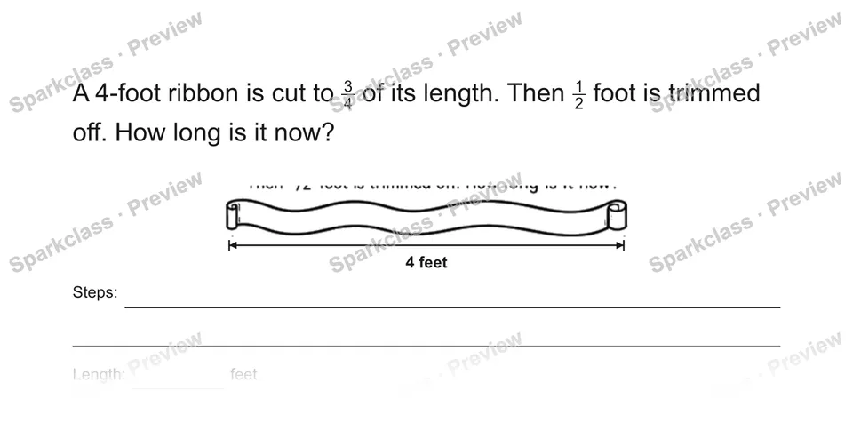 A 4-foot ribbon is cut to 34 of its length. Then 12 foot is trimmed off. How long is it now? — Grade 5 problem preview