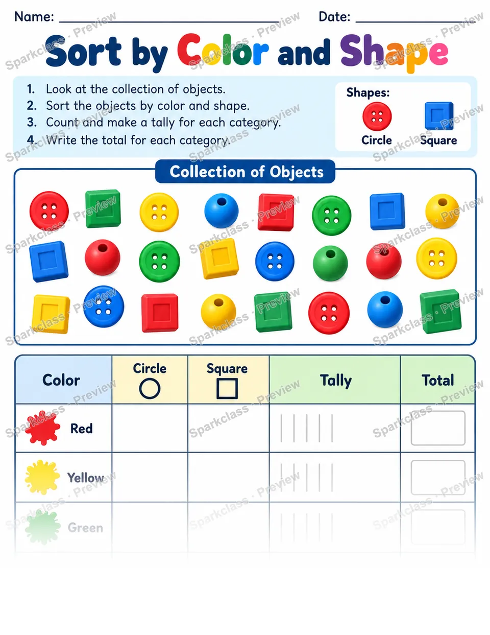 Sort By Color Shape — Grade 1 worksheet preview