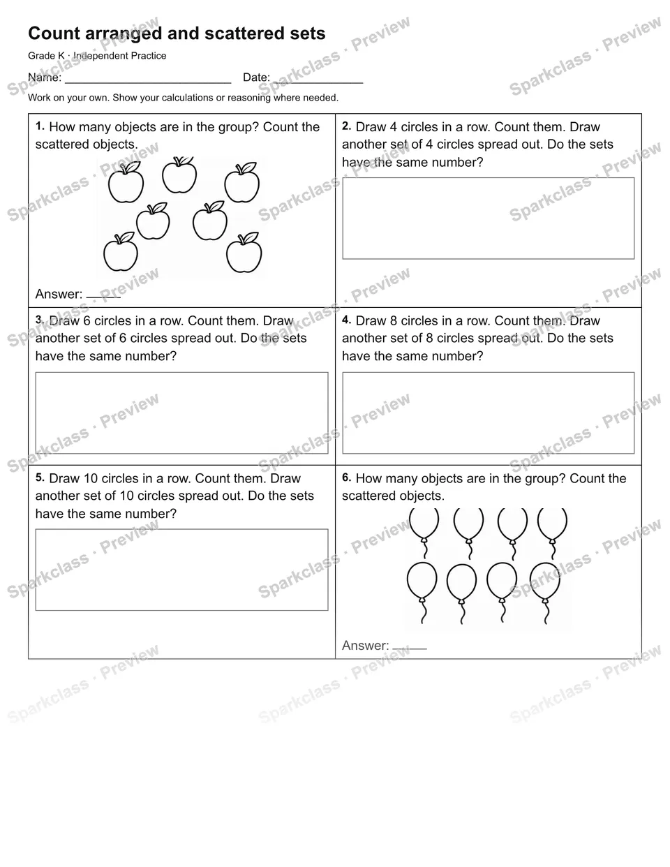 Count arranged and scattered sets — Independent Practice — Kindergarten worksheet preview