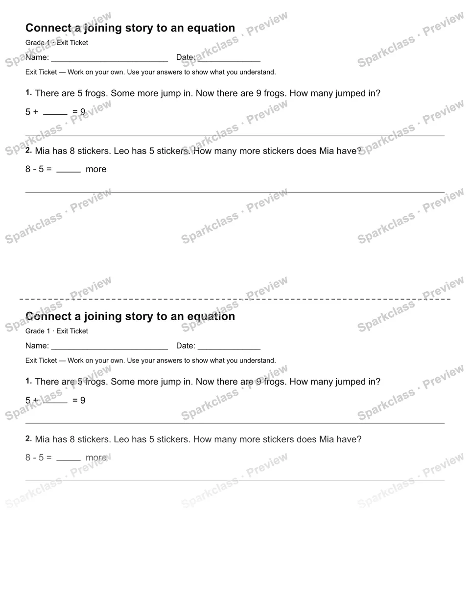 Connect a joining story to an equation — Exit Ticket — Grade 1 worksheet preview