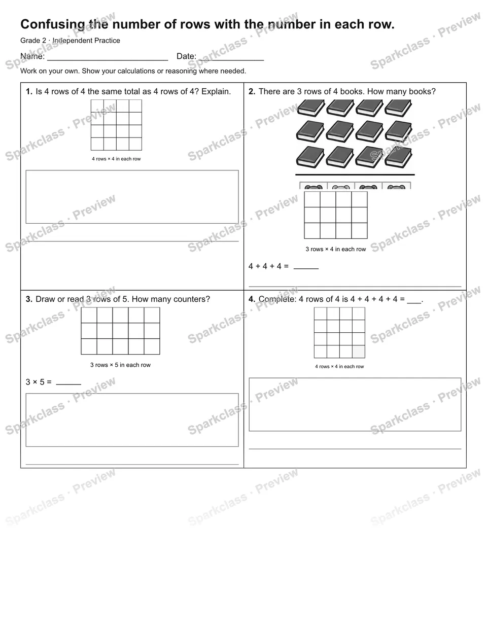 Confusing the number of rows with the number in each row. — Independent Practice — Grade 2 worksheet preview