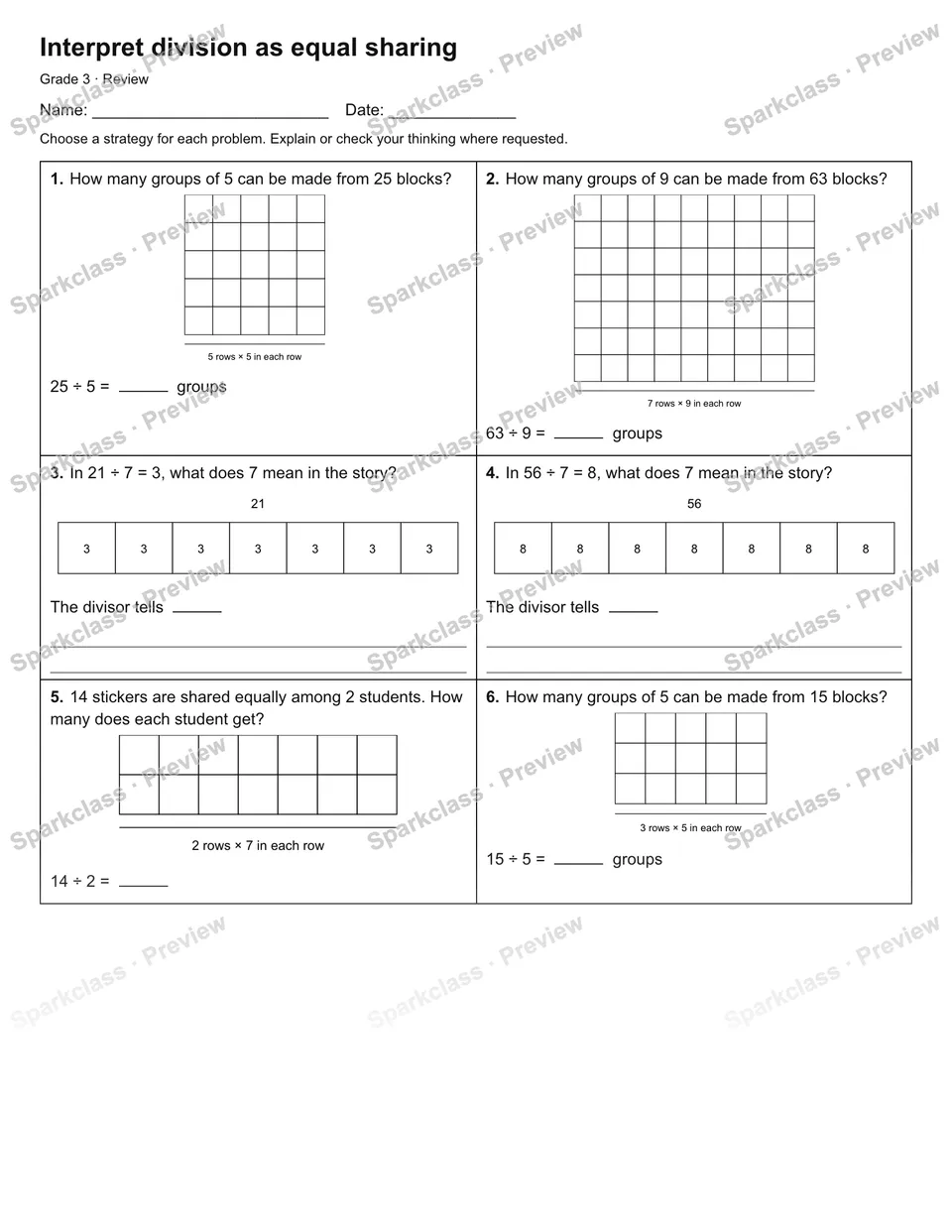 Interpret division as equal sharing — Review — Grade 3 worksheet preview