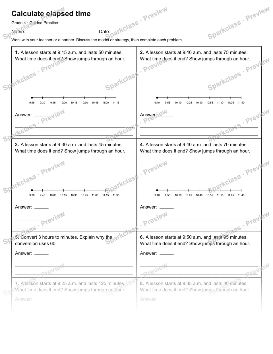 Calculate elapsed time — Guided Practice — Grade 4 worksheet preview