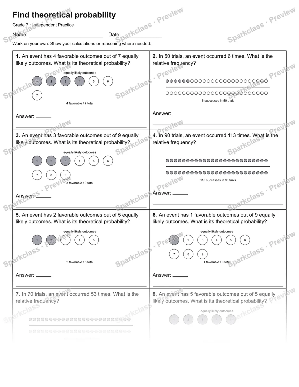 Find theoretical probability — Independent Practice — Grade 7 worksheet preview