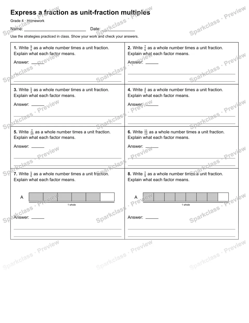 Express a fraction as unit-fraction multiples — Homework — Grade 4 worksheet preview