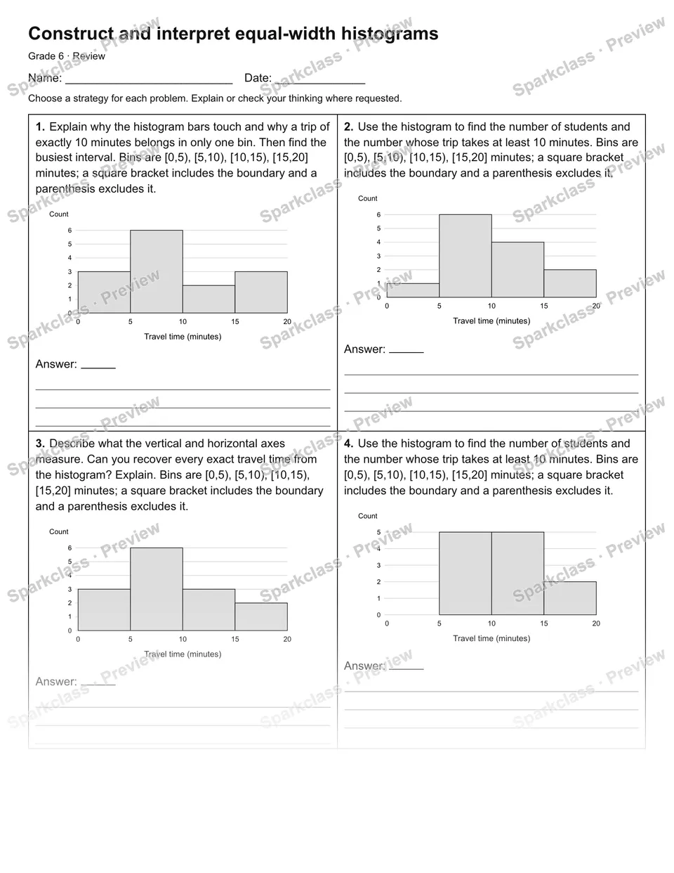 Construct and interpret equal-width histograms — Review — Grade 6 worksheet preview