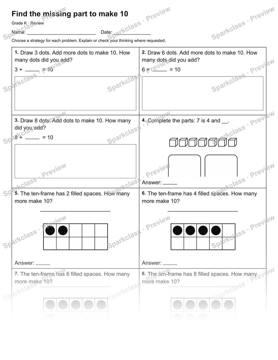 Find the missing part to make 10 — Review — Kindergarten worksheet preview