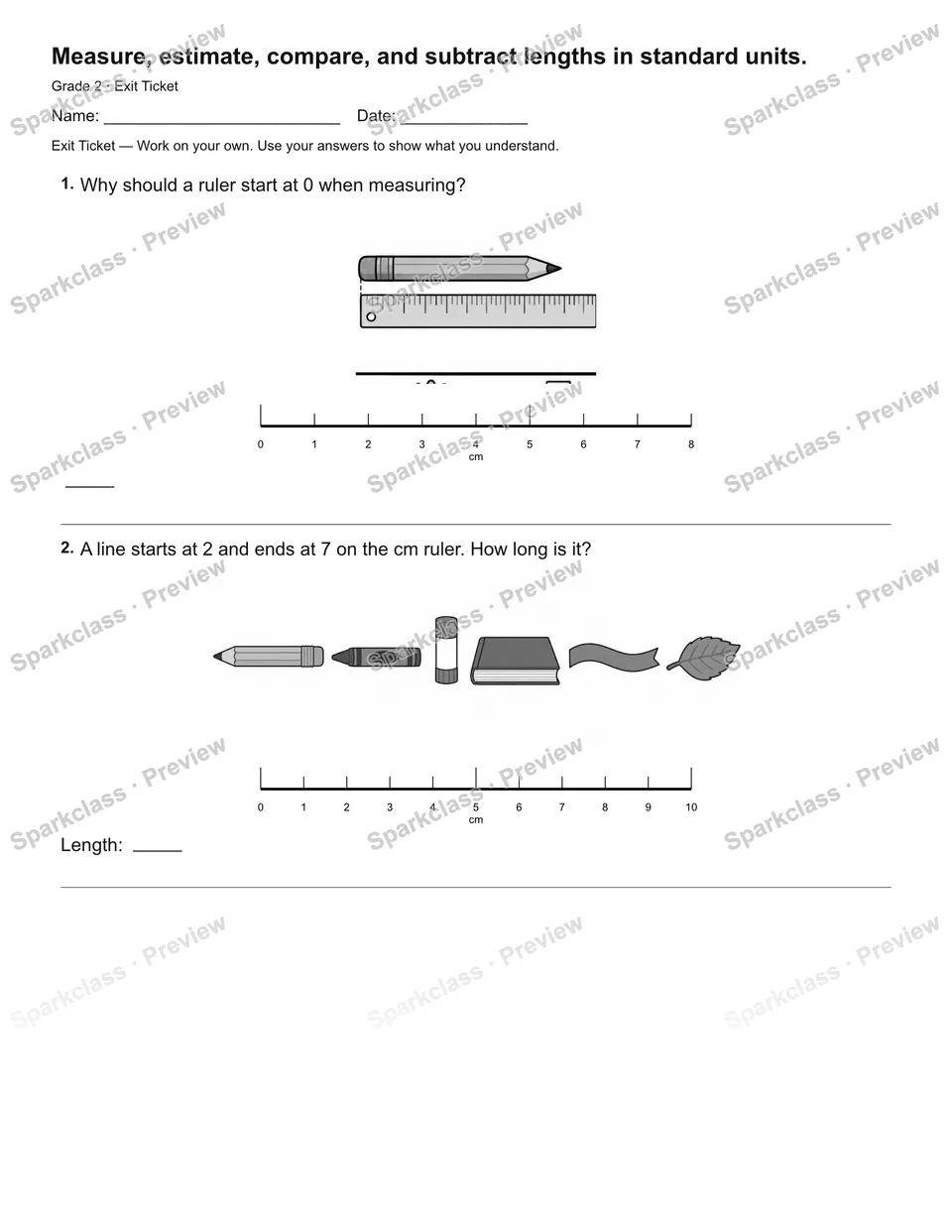 Measure, estimate, compare, and subtract lengths in standard units. — Exit Ticket — Grade 2 worksheet preview