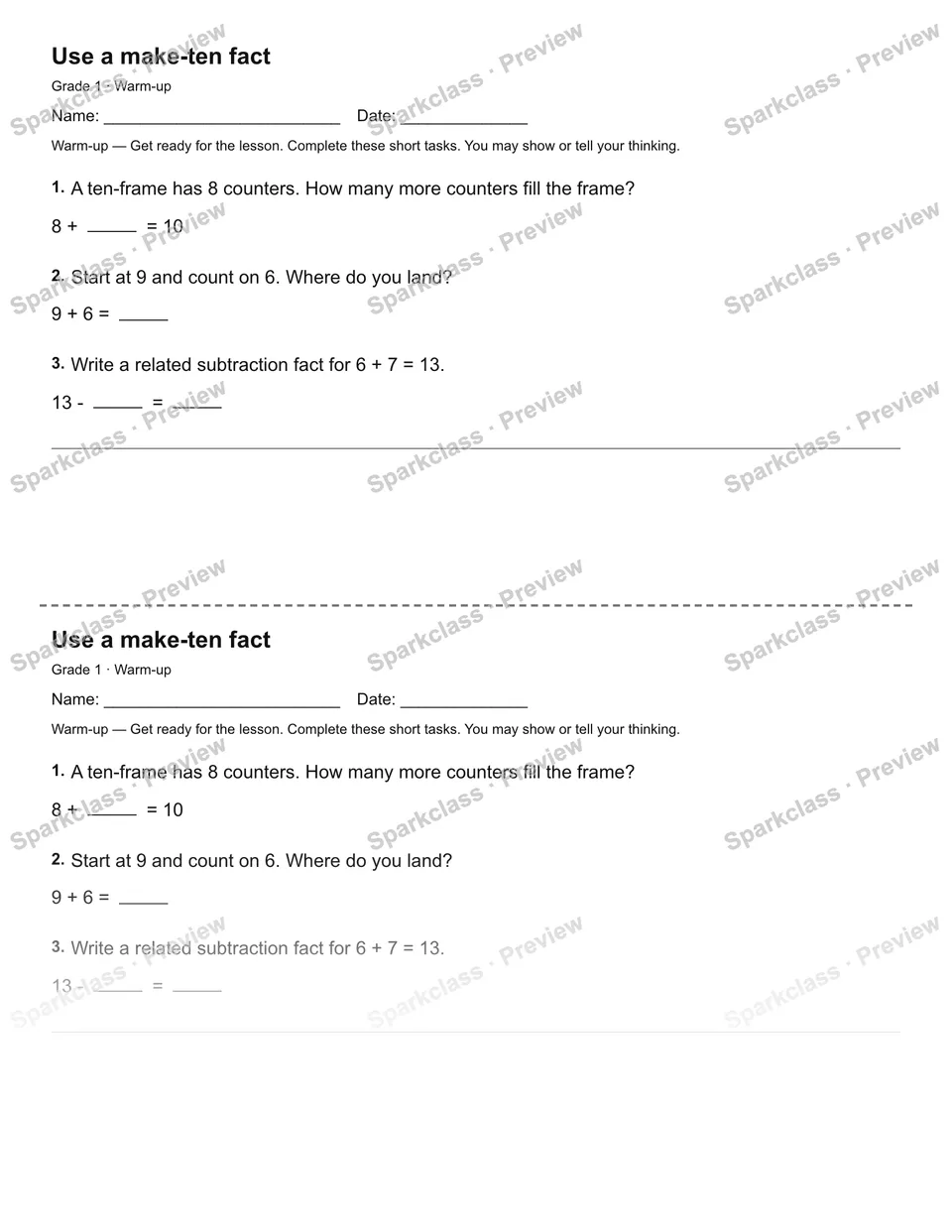 Use a make-ten fact — Warm-up — Grade 1 worksheet preview