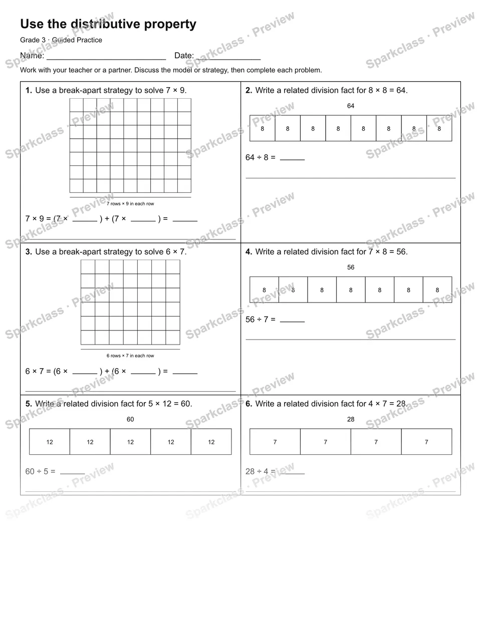 Use the distributive property — Guided Practice — Grade 3 worksheet preview