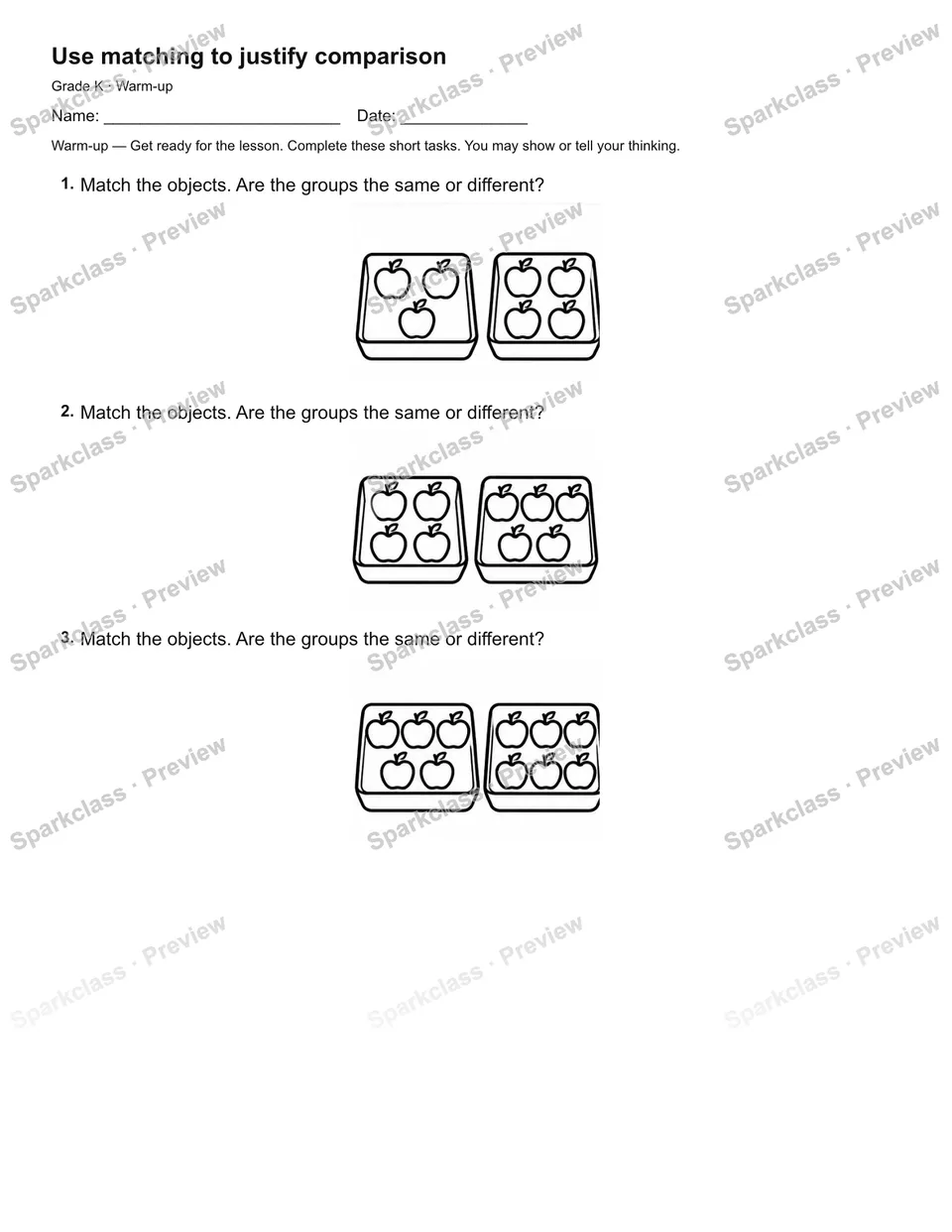 Use matching to justify comparison — Warm-up — Kindergarten worksheet preview